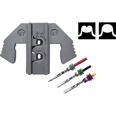 'Crimping tool H7 with multiple connectors in various colours. Top right: two symbolic graphics of wavy lines.'