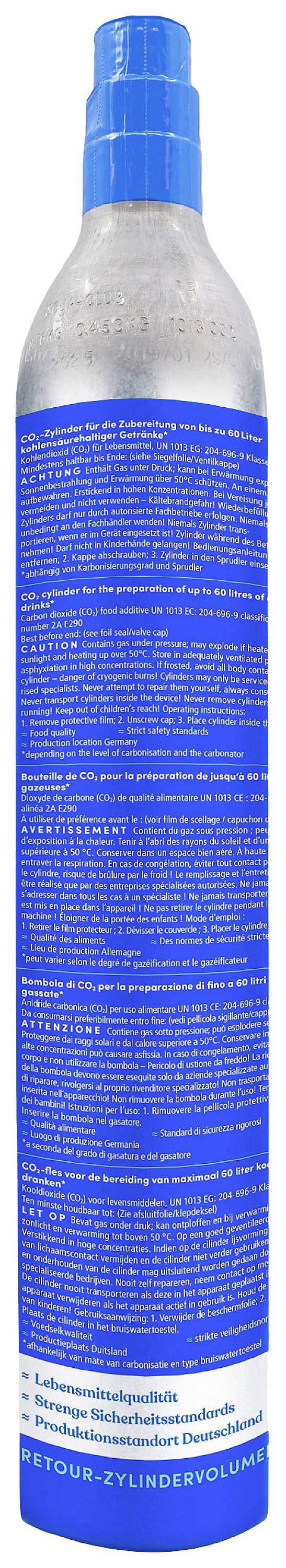 A blue aluminium bottle with white lettering. The bottle contains informative text in white, although the content is not legible.