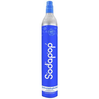 Refillable blue cylinder for sparkling water makers, labelled with 'Sodapop'. Suitable for up to 60 litres of water.