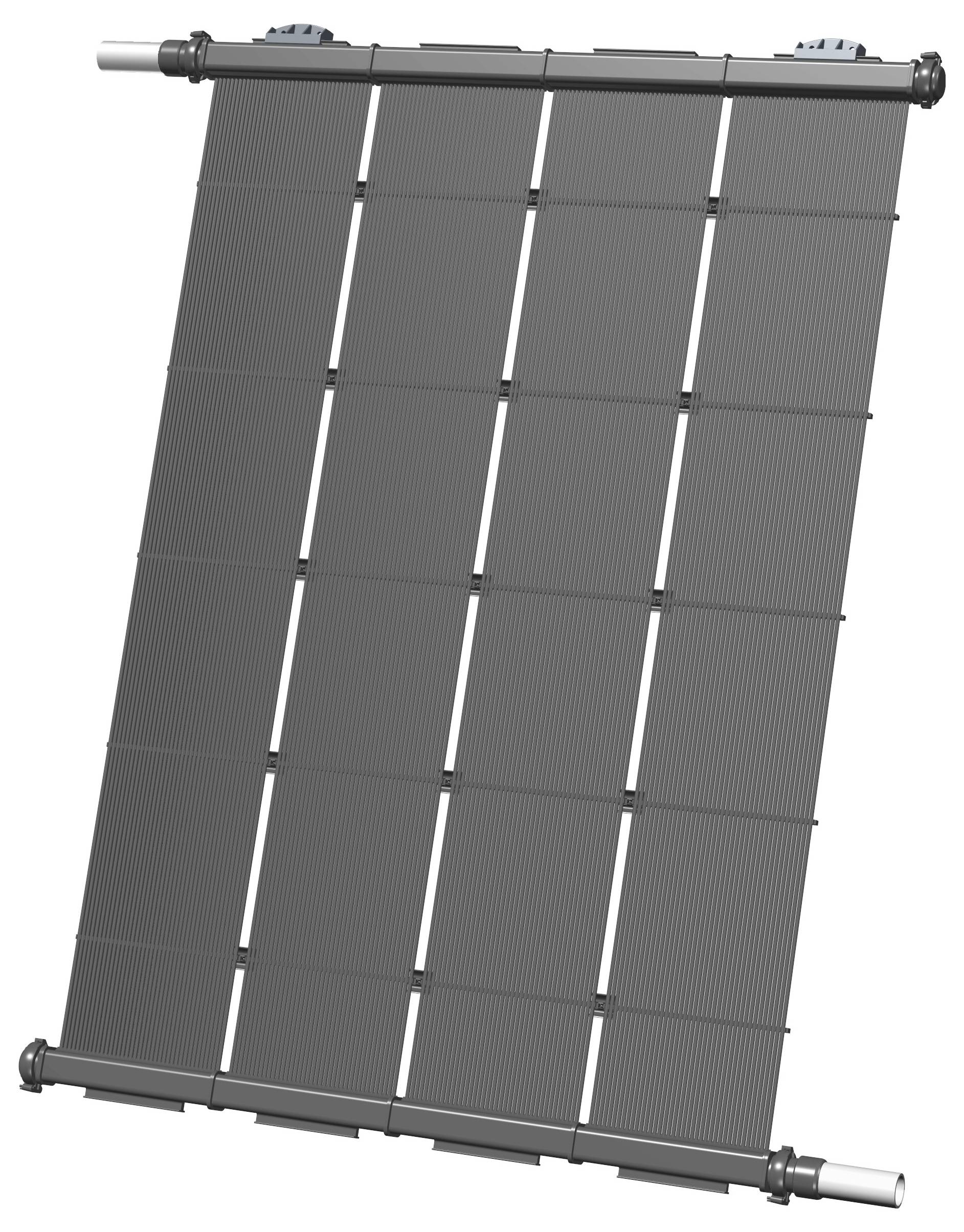 Solar module with multiple rectangular panels in black. The module is shown at an angle and is used for generating solar energy.<br><br>Solar panel with several rectangular panels in black. The panel is tilted and used for generating solar energy.