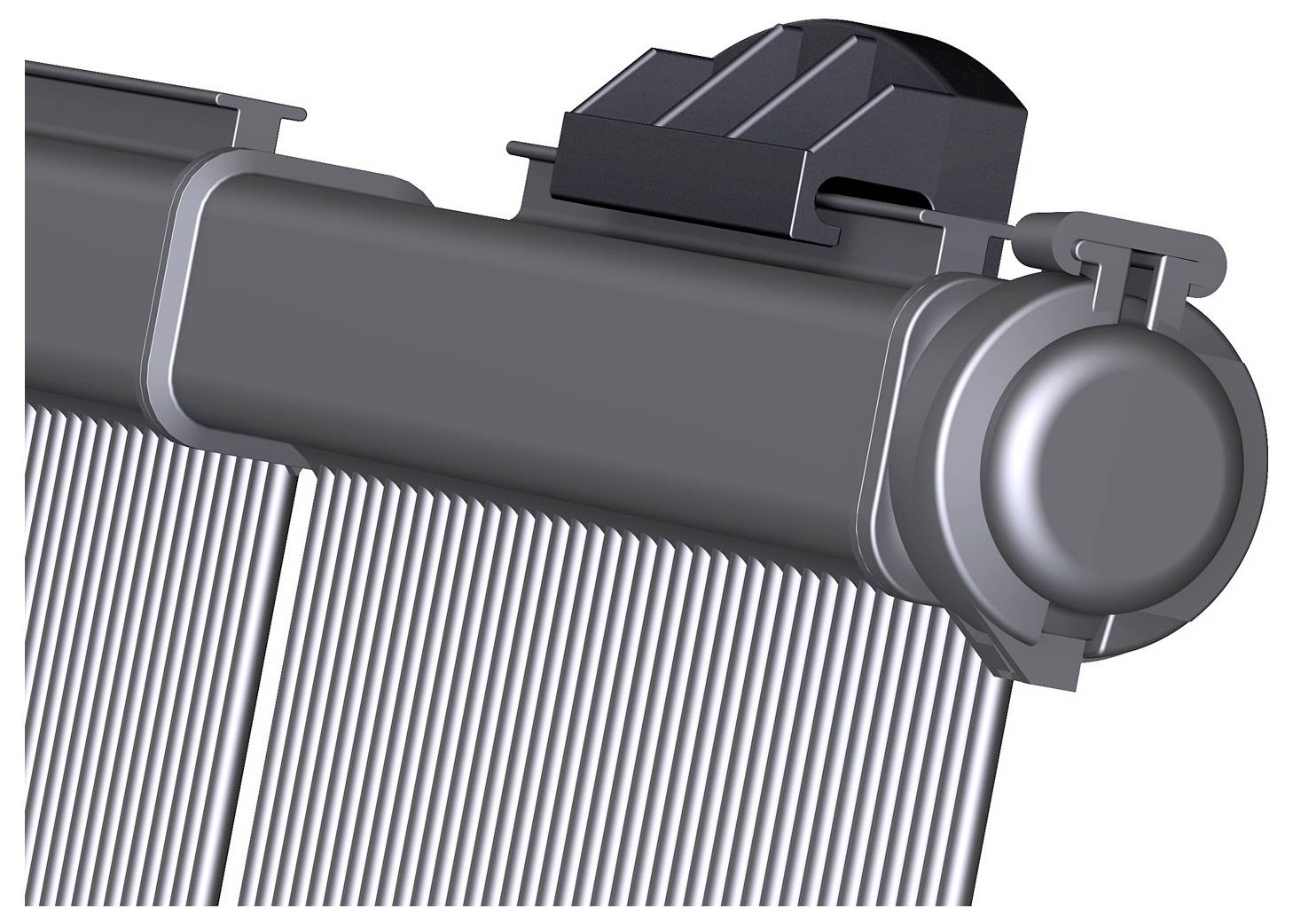 Close-up of a car radiator with aluminium fins and a black plastic housing on top. Shows the structure and design of the radiator.