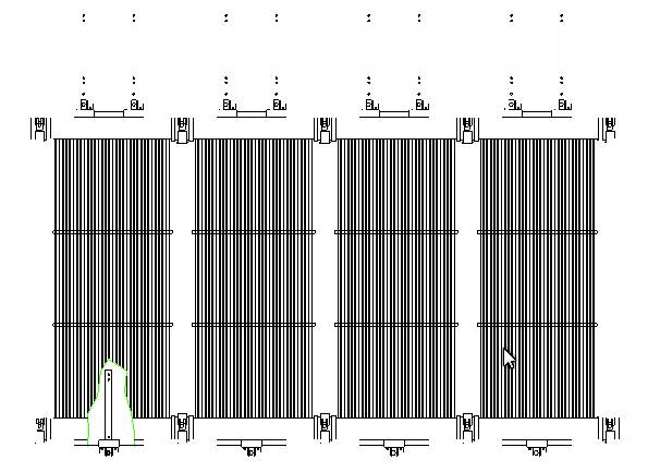 Technical drawing of a heating element with four parallel heating bodies, wiring at the top and bottom, with a small figure on the left.