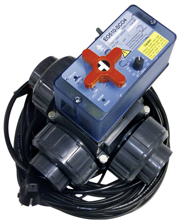 'Electric Valve E0510-SC04' with cable. Black housing, yellow warning label, red adjustment wheel. Indicators for operation and safety.