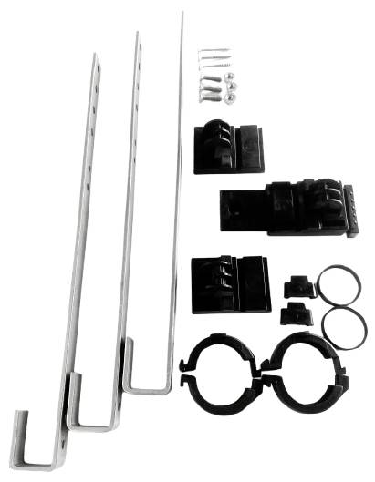 A set of mounting hardware for a bicycle rack, consisting of three metal bars, screws, brackets, and two plastic pipe clamps.