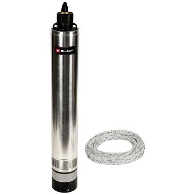 A silver stainless steel submersible pump with a black upper end and attached grey cable, suitable for outdoor use.