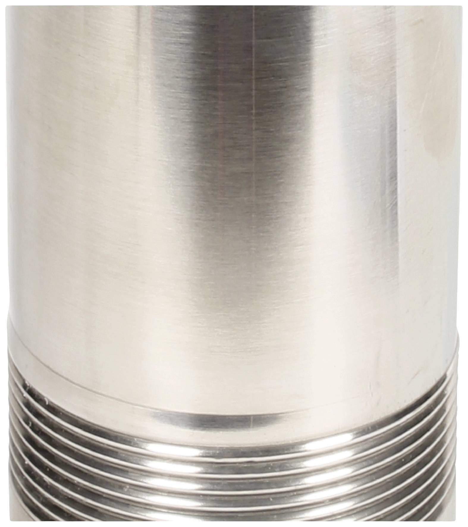 Steel tube with threaded attachment, vertically aligned, against a white background. Close-up of the silver, shiny surface.