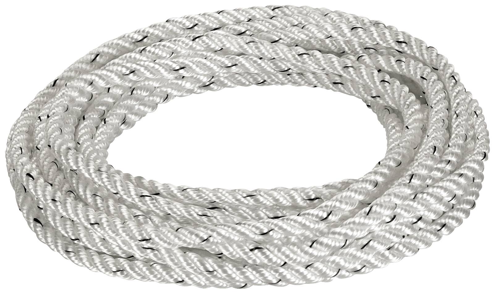 A neatly coiled white rope lies on a light surface. The rope has a braided texture with black accents.