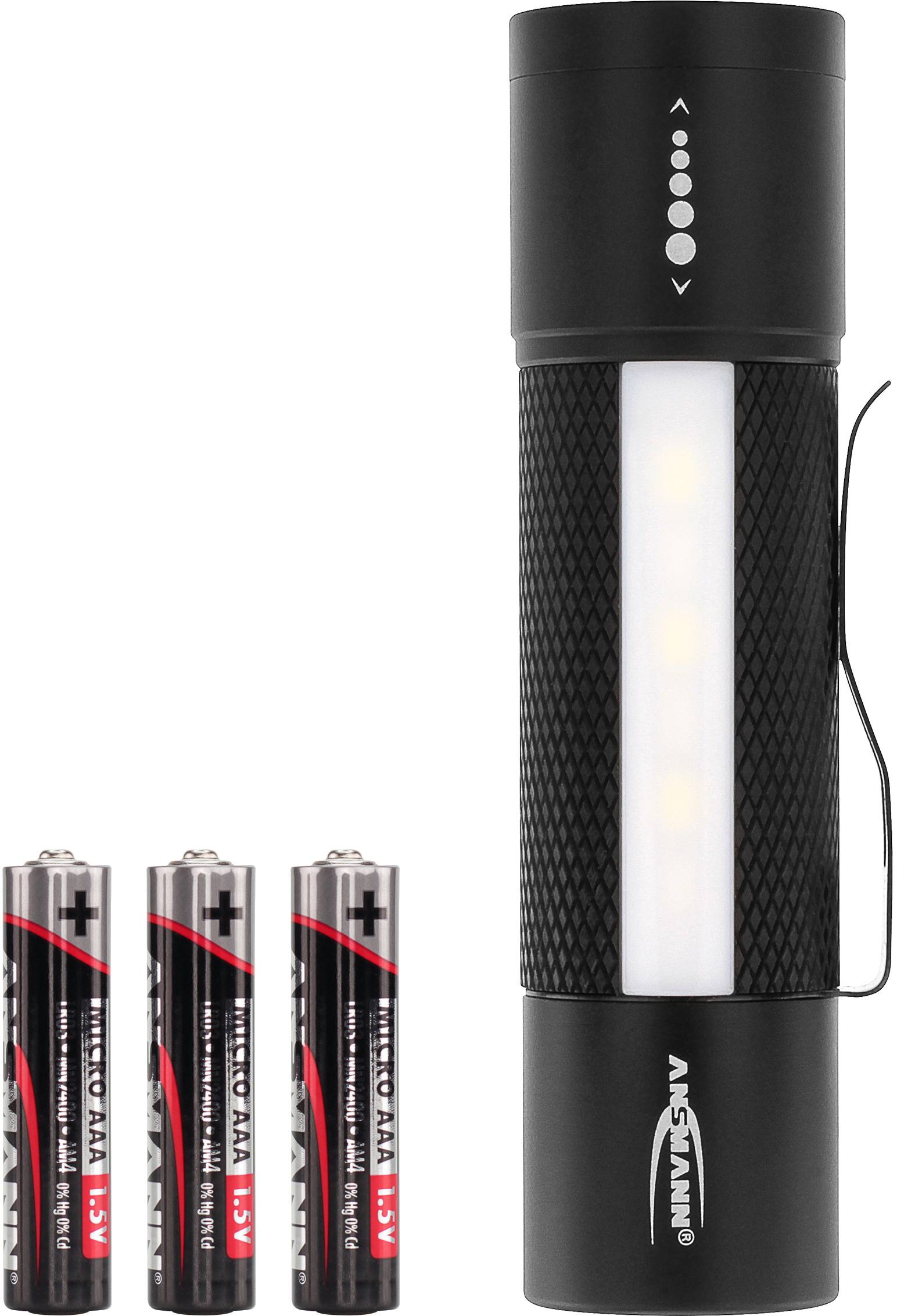 Black LED torch with a textured side grip. Three AA batteries standing next to it.