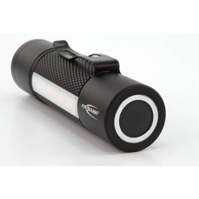 Black cylindrical torch with textured surface and side clip. Brand name visible on the side.