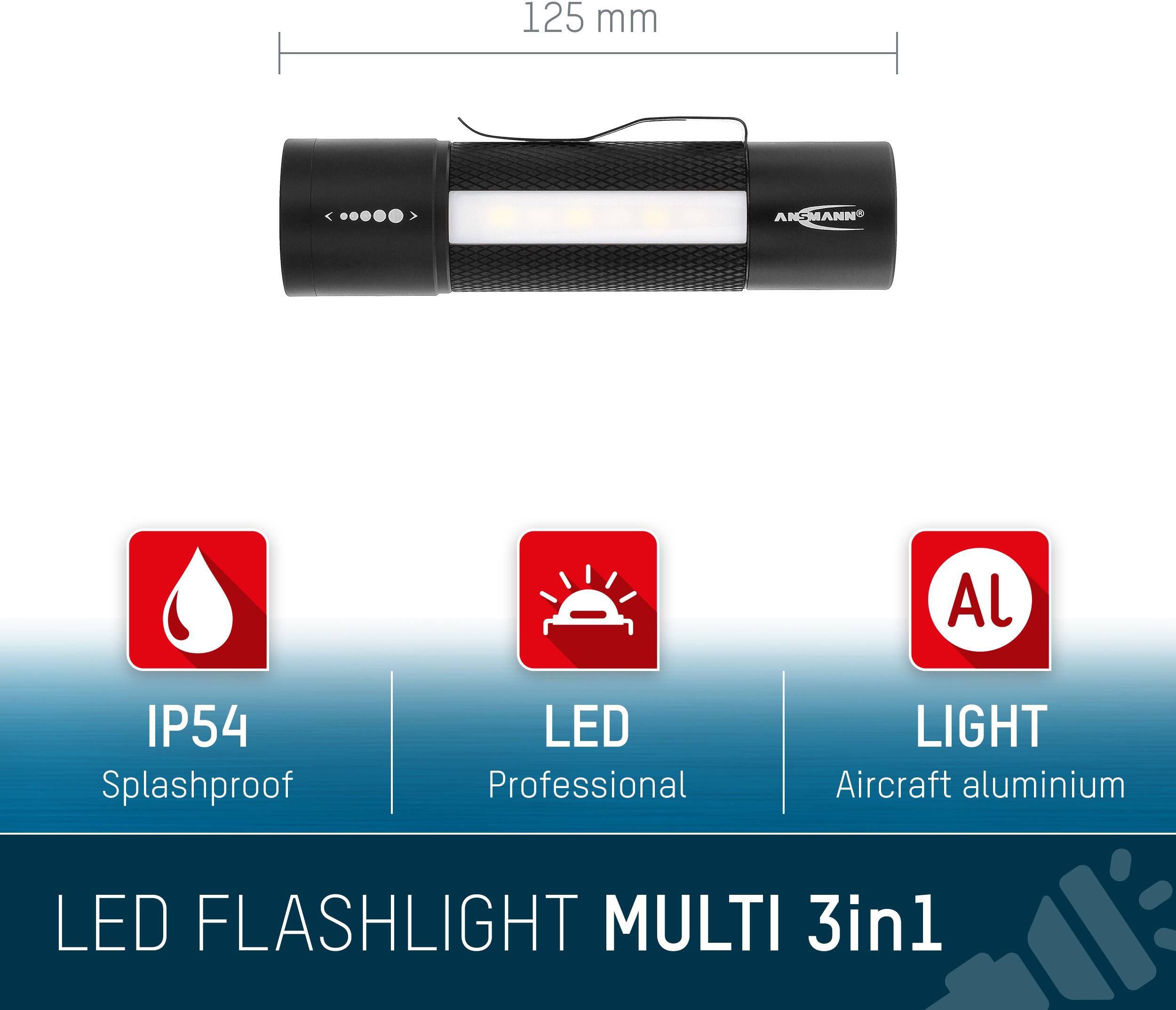 'LED Torch MULTI 3-in-1' displays a black, 125 mm long torch. Features: splash-proof (IP54), professional LED light, aluminium casing.