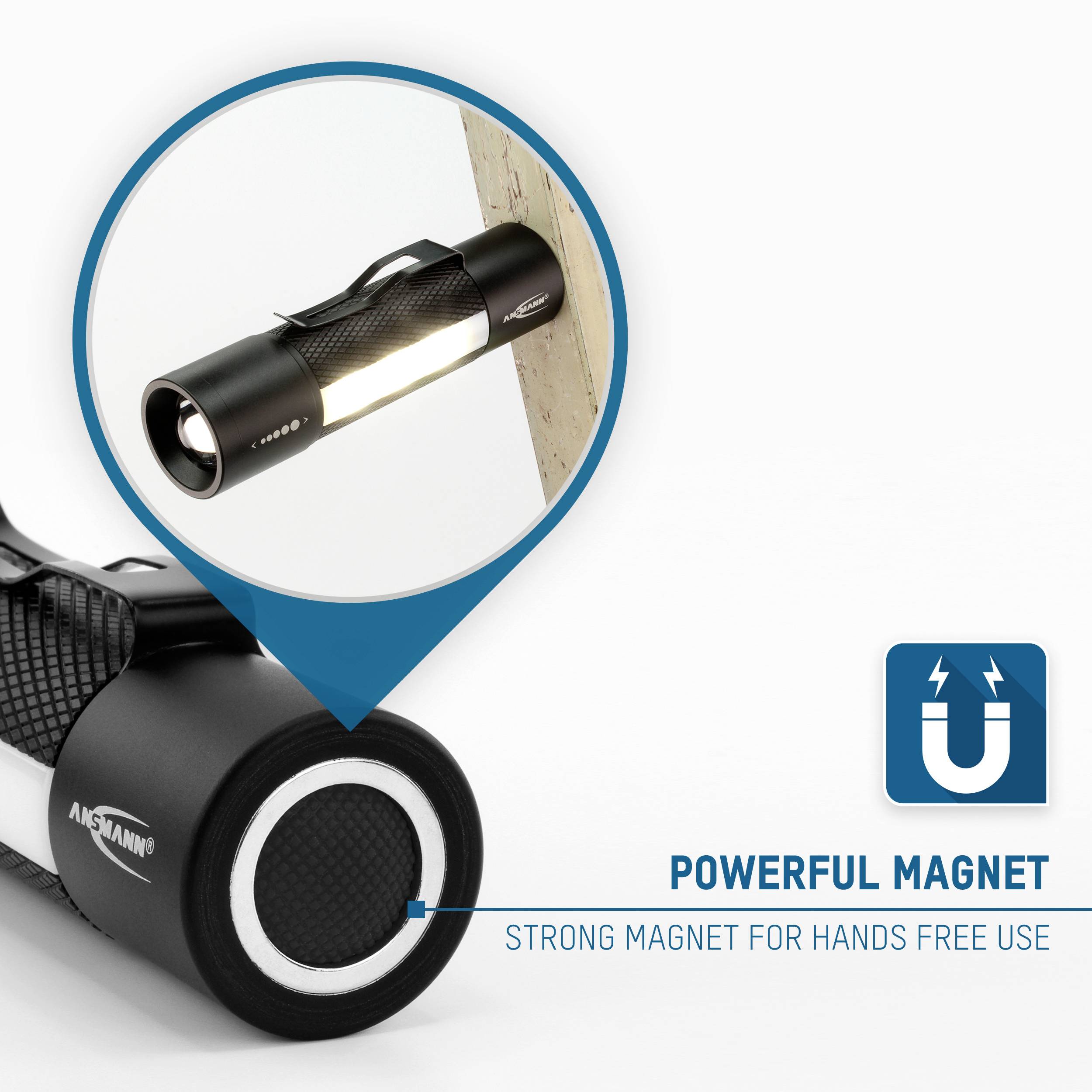 Torch with magnet, attached to wooden surface. Label reads: 'Powerful Magnet for Hands-Free Use.' Electromagnet symbol visible.