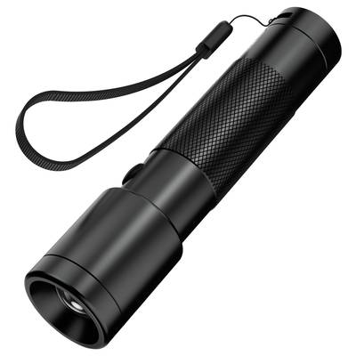 Black torch with textured grip and hand strap, viewed from the side.