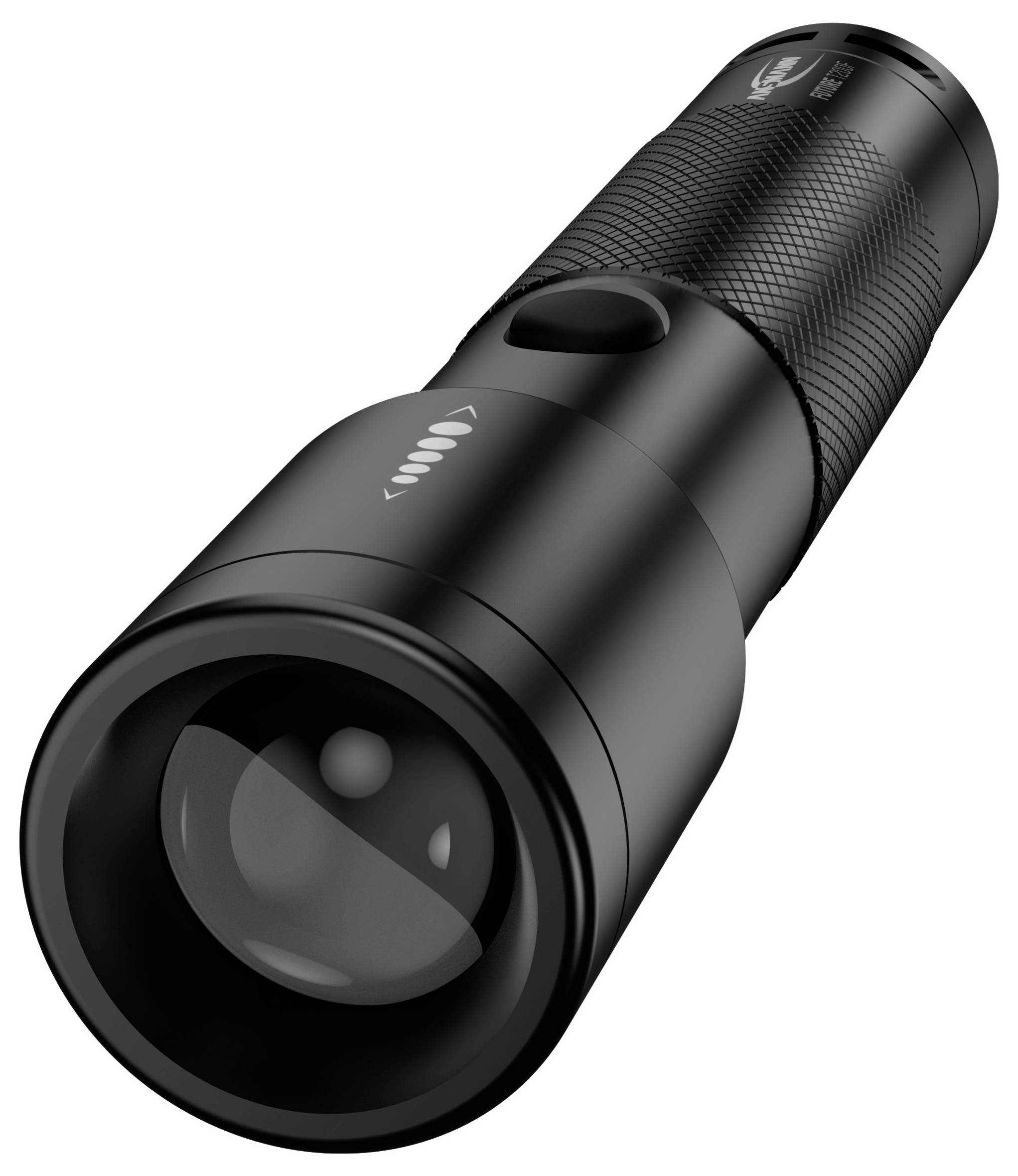 Black, compact torch in close-up, with a large front lens and ribbed handle for better grip.