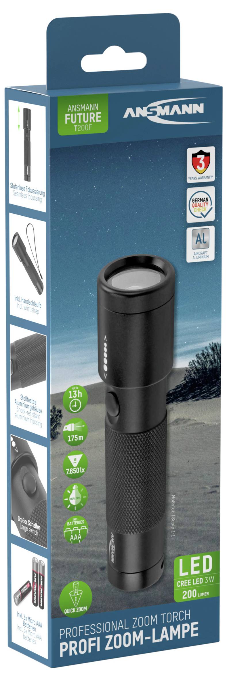 Packaging of an LED torch, showing the torch with details of brightness, range of 240 m and Ansmann logo.
