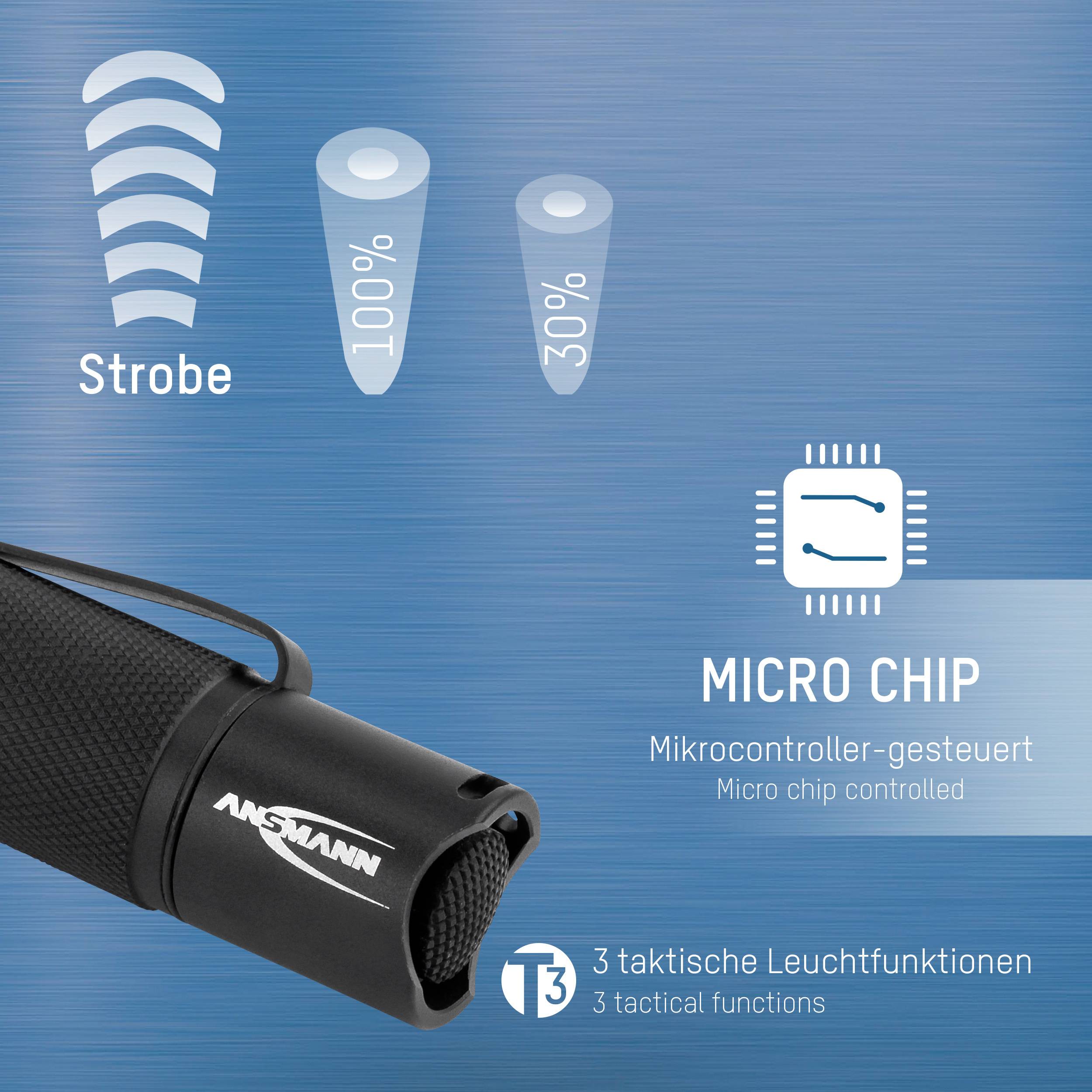 'Torch with three lighting modes: Strobe, 100%, microcontroller-controlled. Contains microchips for optimised operation.'