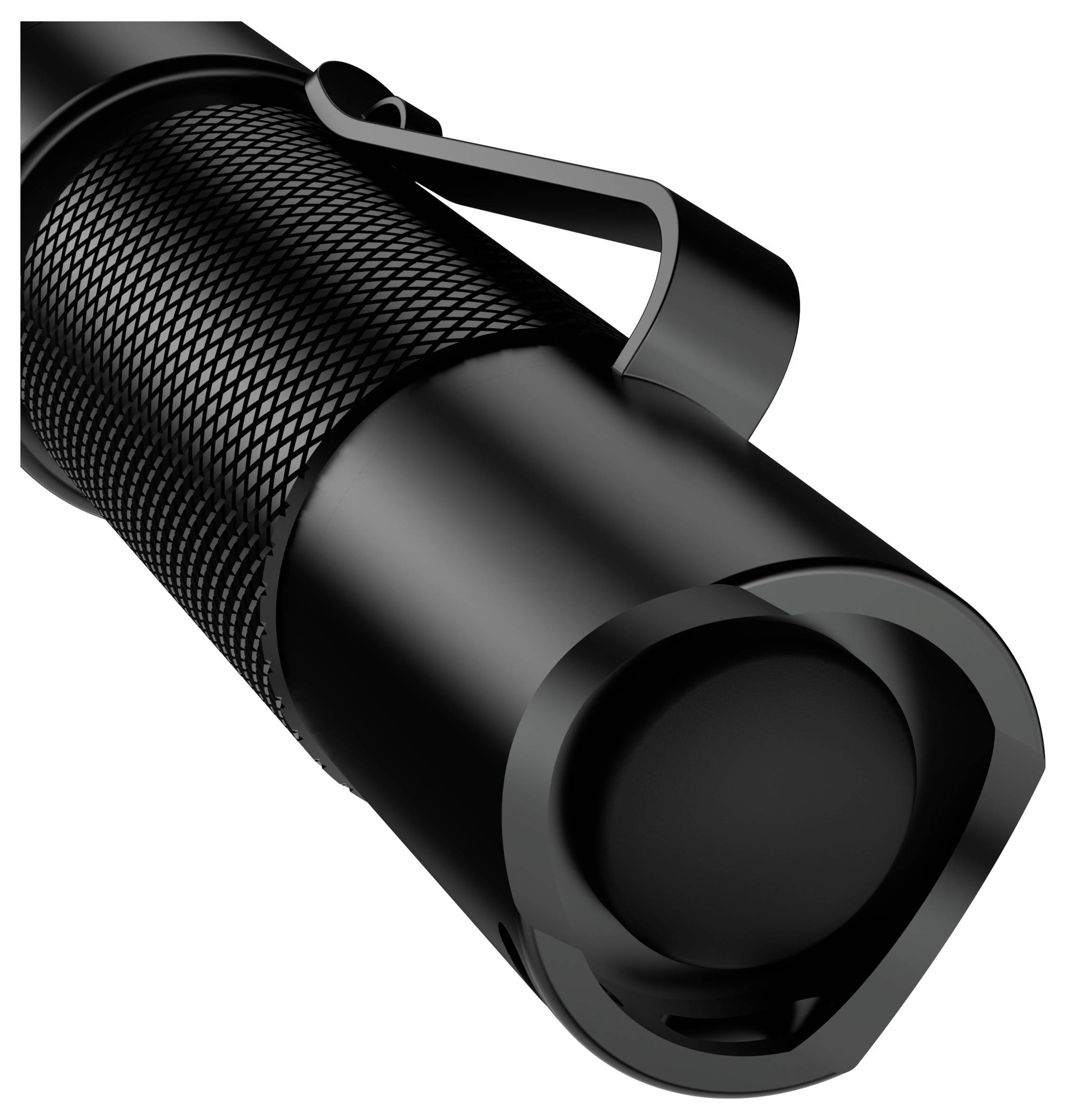 Black torch with textured grip and clip, showing the front side with power switch and reflective surface.