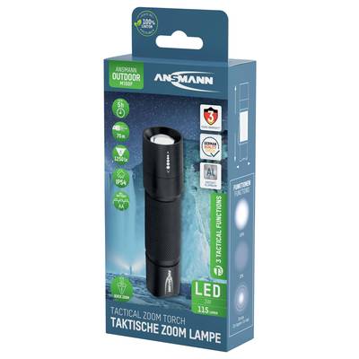 'Tactical zoom torch with 3 bright LED light modes, shock-resistant casing and IP54 protection rating, ideal for outdoor adventures and rescue operations.'