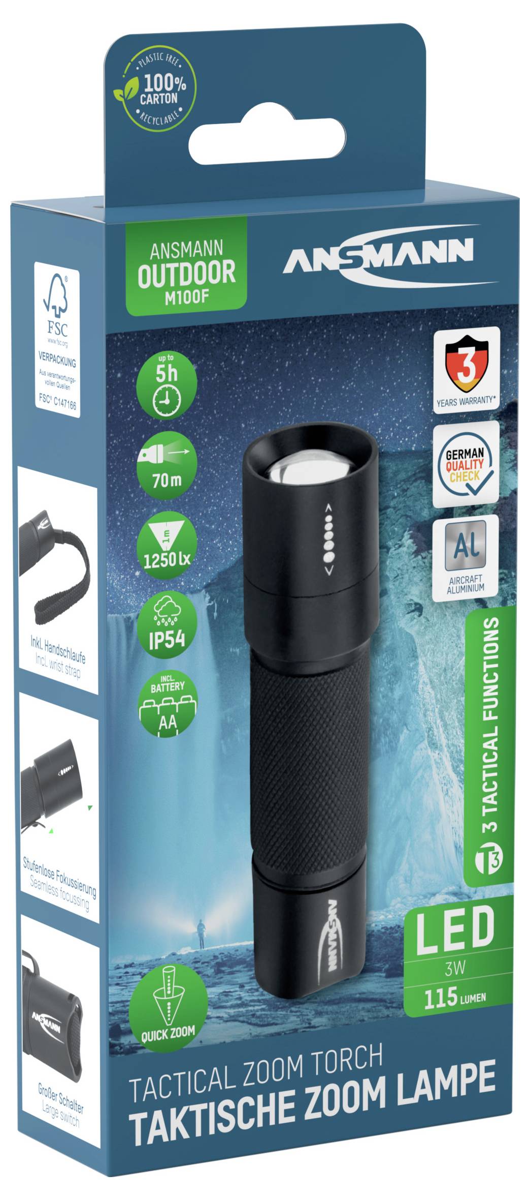 Torch in packaging, labelled as 'Tactical Zoom Torch'. Details: 5 hours runtime, 115 lumens, LED, IP54 protection.