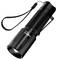 'Black, compact torch with hand strap and belt clip, ideal for outdoor activities or emergency lighting.'