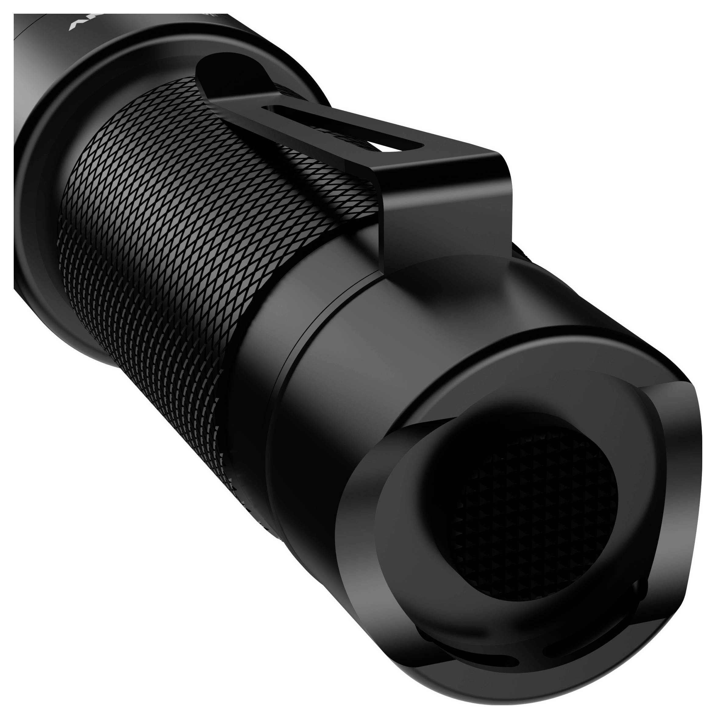 Black torch with a textured surface and belt clip, photographed from an angled perspective.