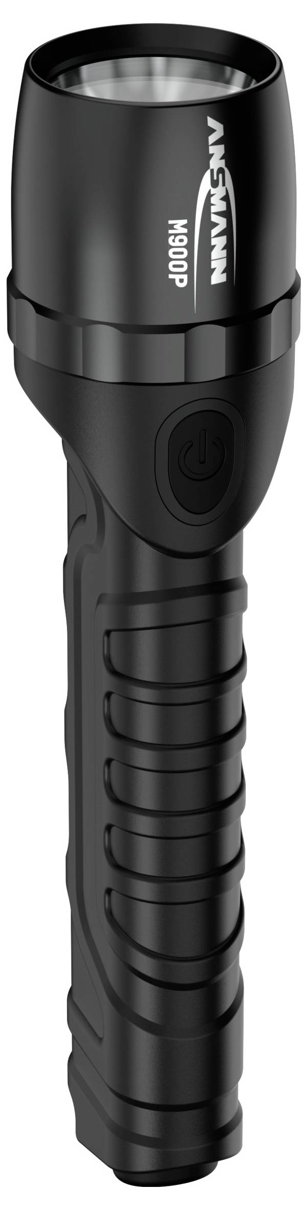 A black, robust torch with a textured grip and a push-button on/off switch, suitable for outdoor activities.