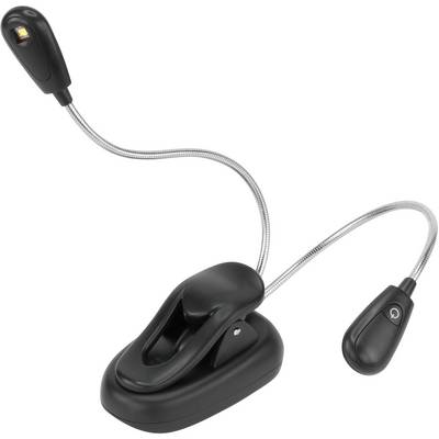 Black LED reading lamp with two flexible arms and clip base. Ideal for attaching to books or other reading materials.