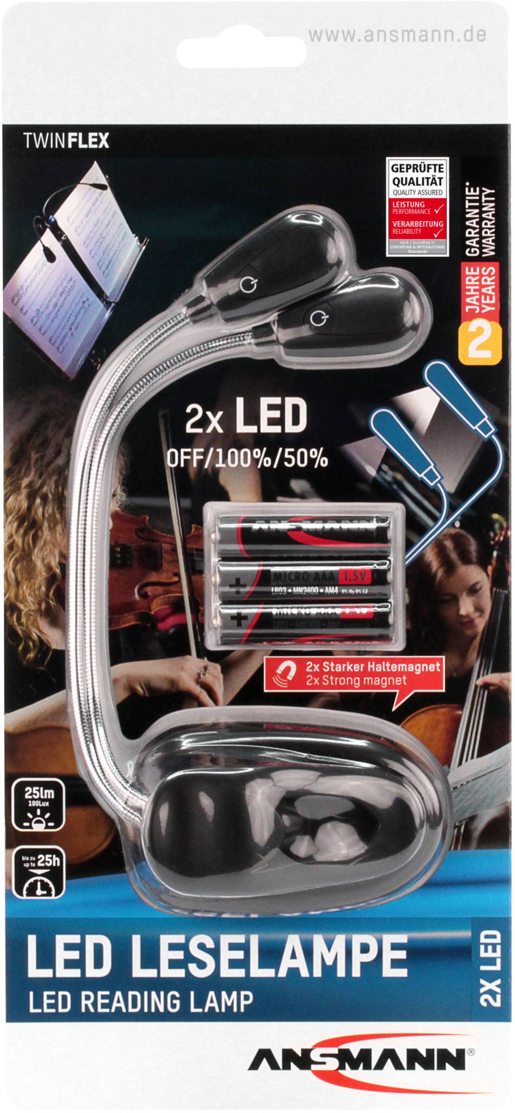 Packaging for an LED reading lamp with flexible neck, 2 LEDs, 3 brightness levels. Batteries included. Suitable for reading and music sheet illumination.