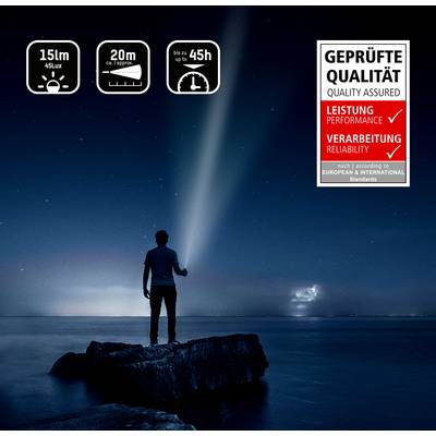 A man stands on a rock by the sea, shining a powerful torch into the night sky. Symbols for beam range, brightness, and battery life are shown on the left. A quality seal is displayed on the right.