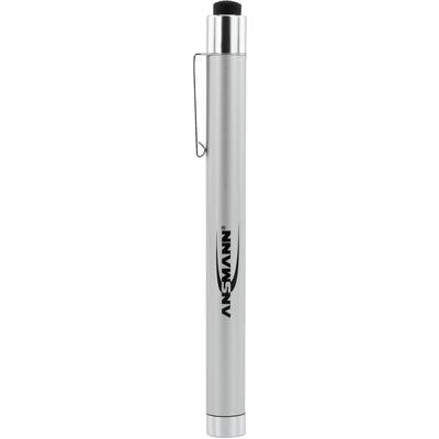 Silver-coloured cylinder with a black cap and side clip, printed with a black logo and the text 'ANSMANN'.