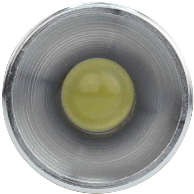 Close-up of a metallic cone with a yellow sphere in the centre.