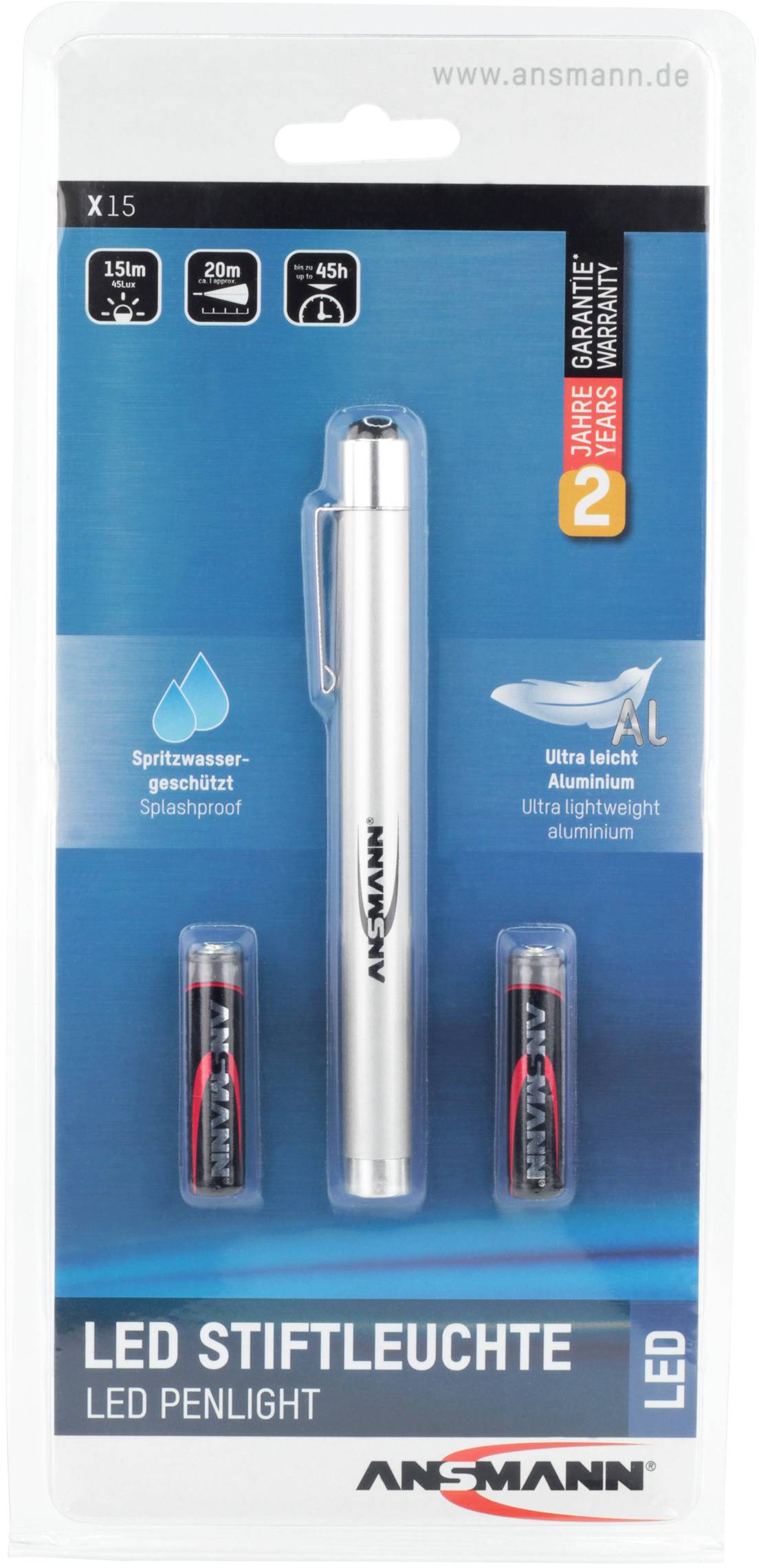 'LED Pen Torch' in blister packaging, includes two batteries. Highlighted features: Splash-proof, made from ultra-lightweight aluminium, 2-year warranty.