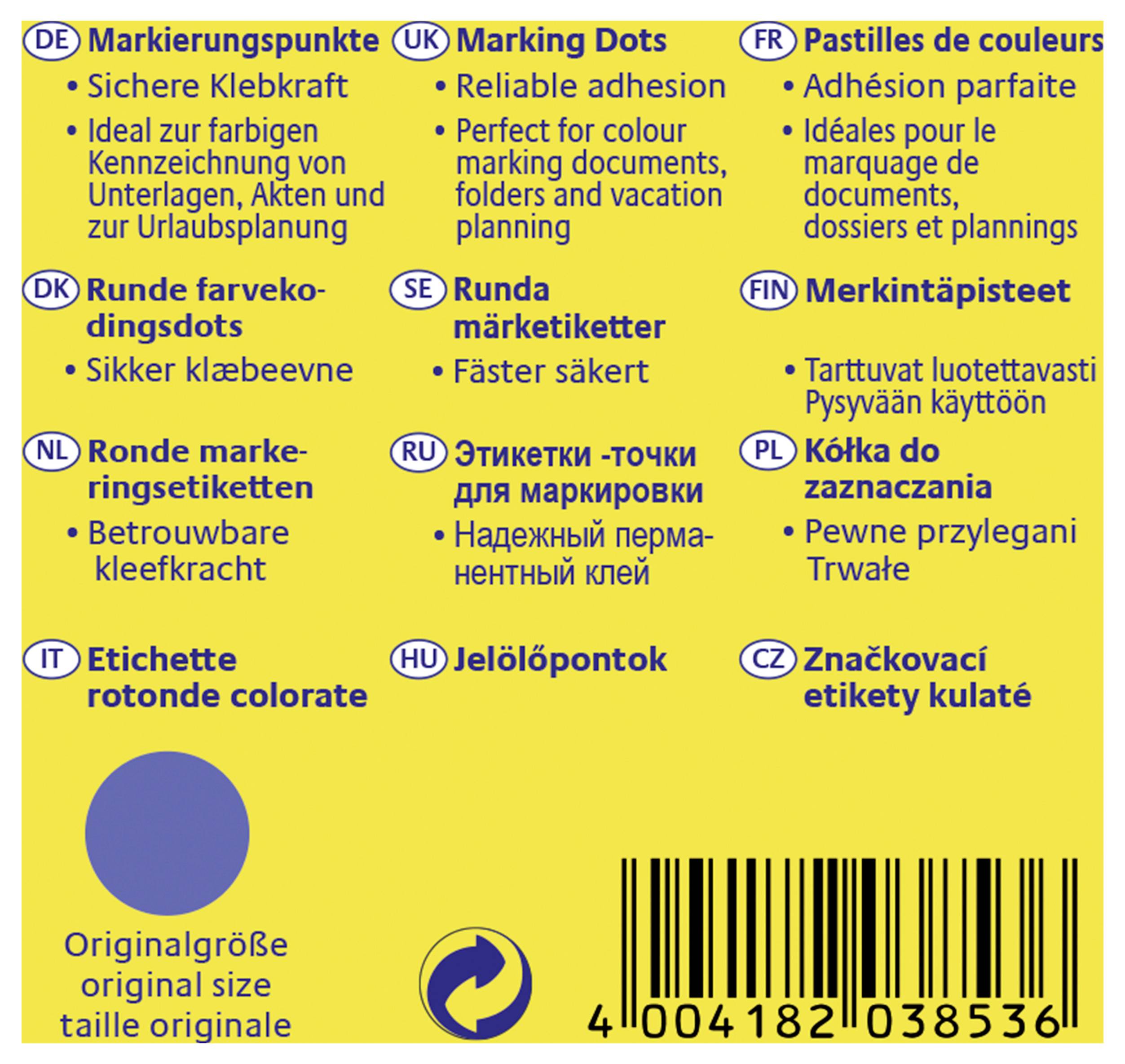 Yellow product label with multilingual text for 'Marking Dots,' listing strong adhesive and use for color-coding documents, plus a barcode and size icon.