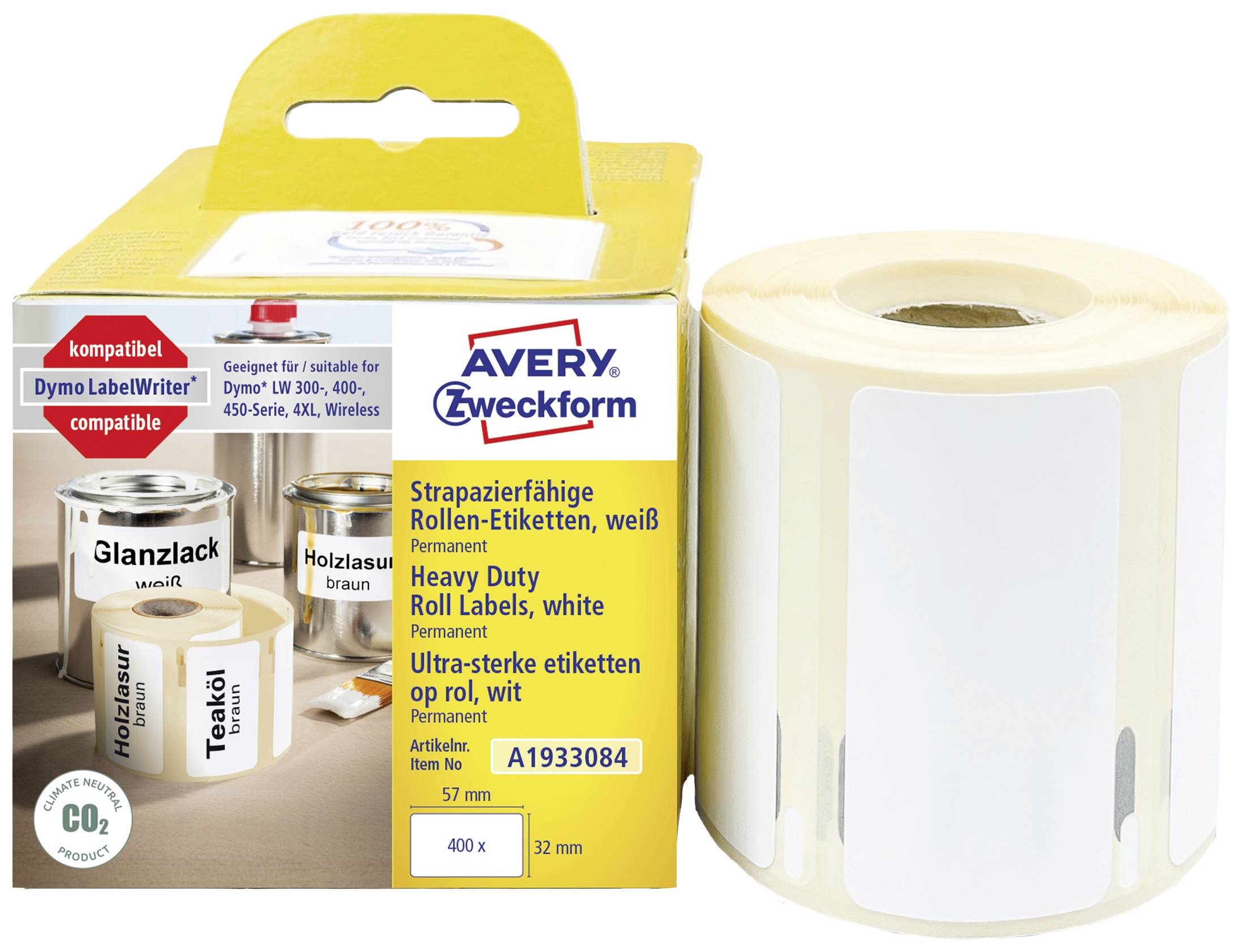 Avery-Zweckform Label roll 57 x 32 mm Film White 400 pc(s) Permanent adhesive A1933084 All-purpose labels