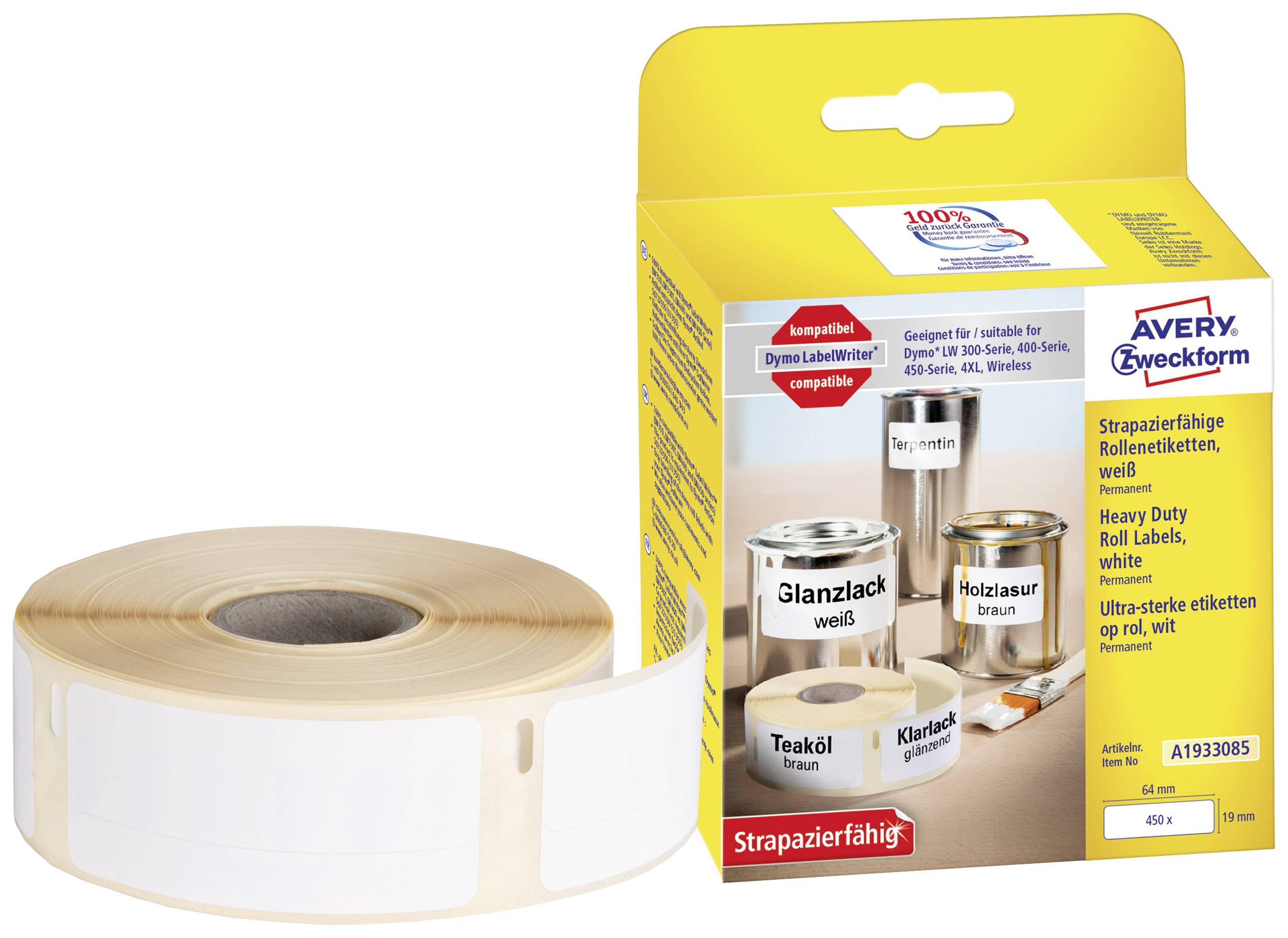 Avery-Zweckform Label roll 19 x 64 mm Film White 450 pc(s) Permanent adhesive A1933085 All-purpose labels
