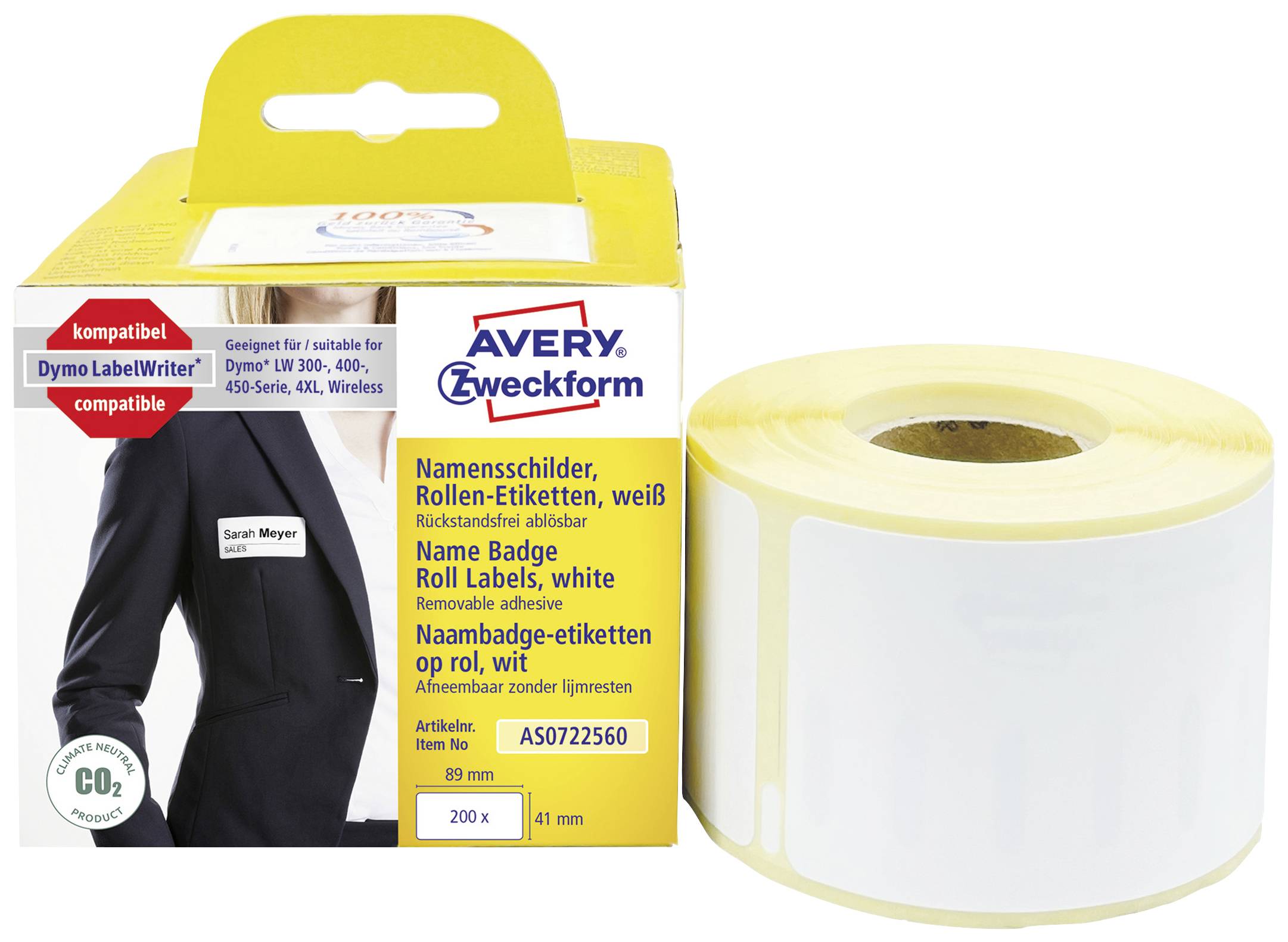Avery-Zweckform Label roll Compatible replaced DYMO 11356, S0722560 41 x 89 mm Film White 200 pc(s) Removable Name stickers AS0722560