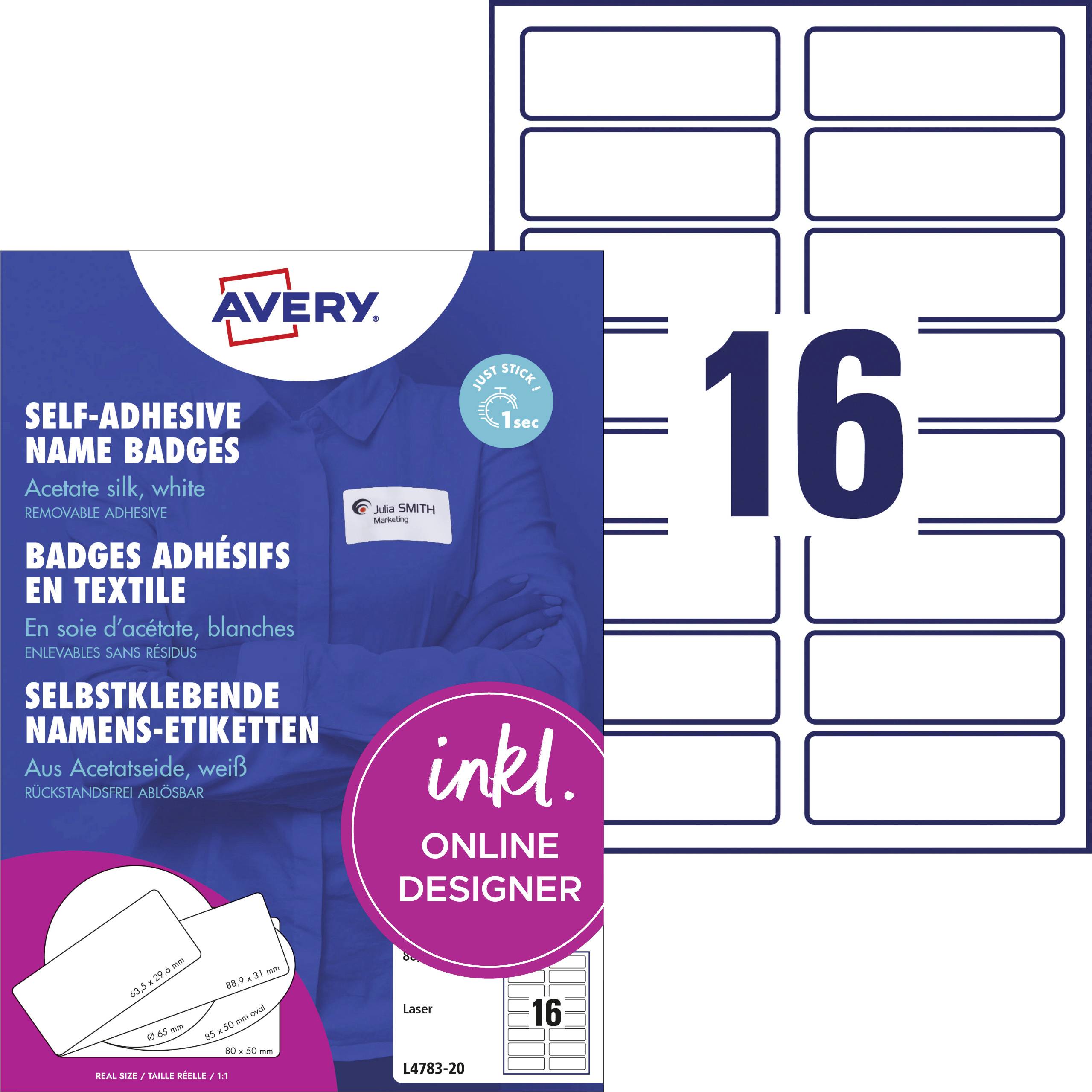 Avery-Zweckform L4783-20 Name stickers 88.9 x 31 mm Acetate silk White 320 pc(s) Removable Laser printer, Laser, colour, Copier, Colour copier