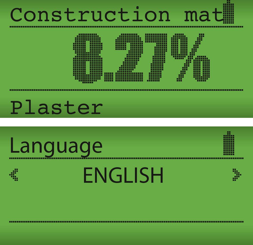 Device display showing: 'Construction Materials, Plaster, 8.27%' in large digits. Below that it reads 'Language, English'. Green background.