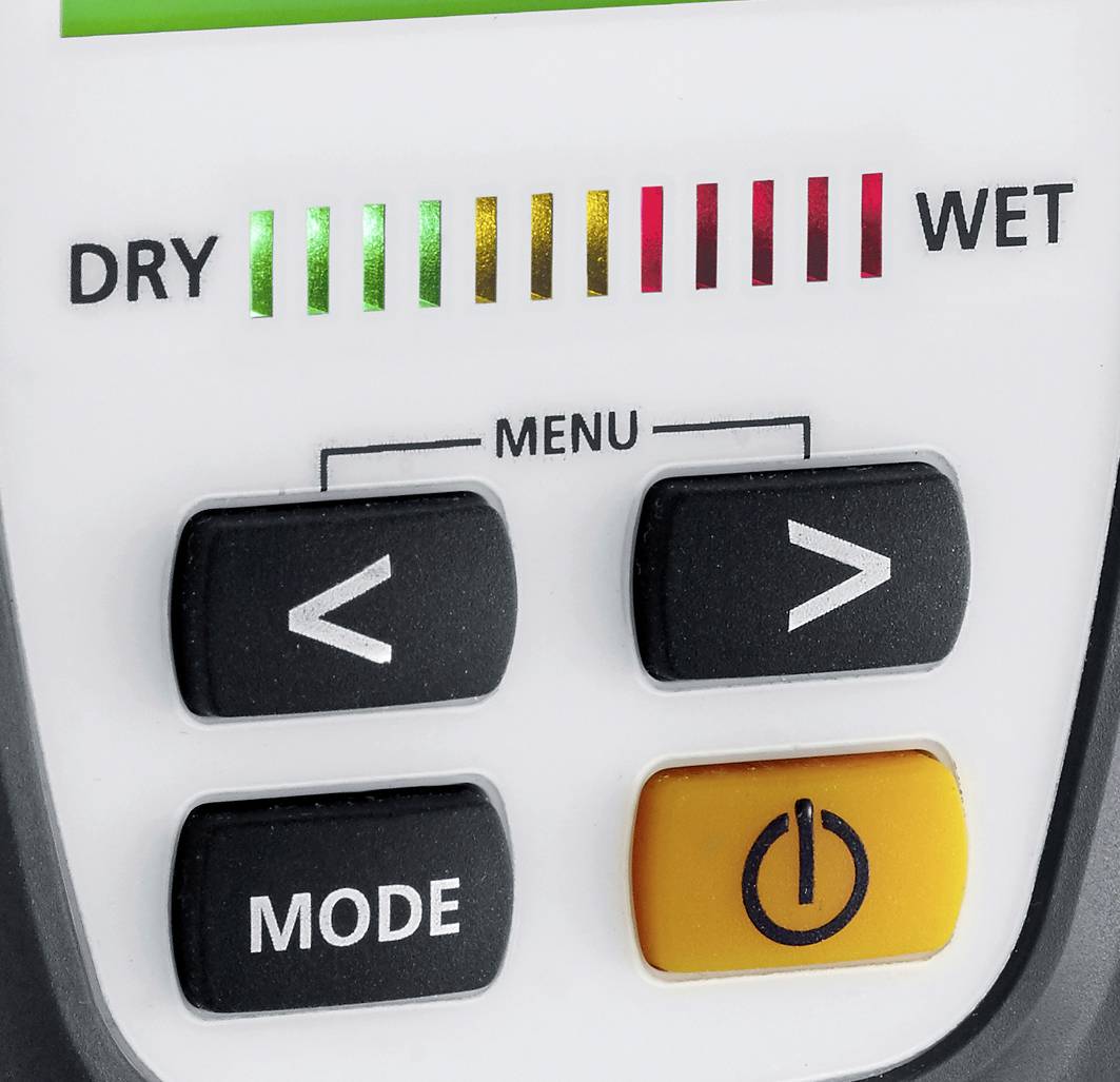 Control panel of a device with a display ranging from 'DRY' to 'WET'. Ten bars on the left in green, six on the right in red. Arrow buttons, mode and power on/off buttons underneath.