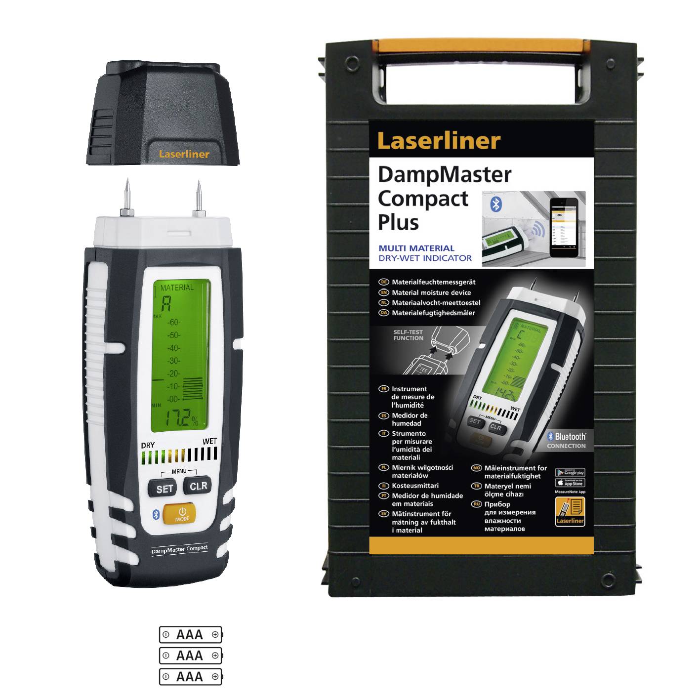 DampMaster Compact Plus Moisture Meter by Laserliner, displays moisture readings for various materials, with Bluetooth functionality.