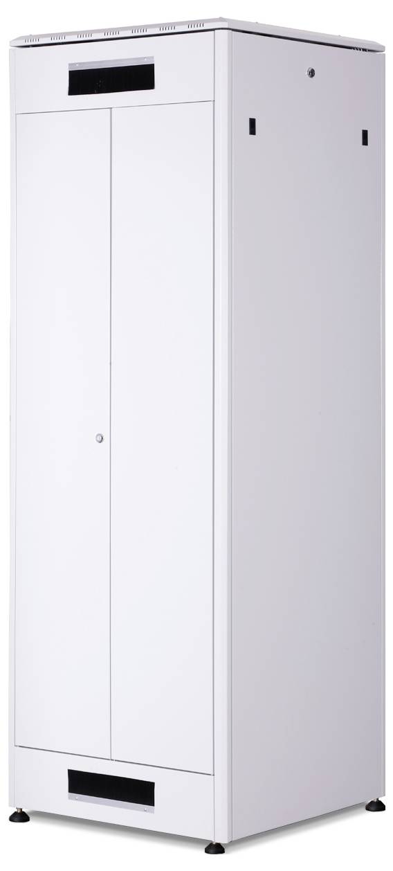 A tall, slim, white metal cabinet with two doors and ventilation openings at the top and bottom.