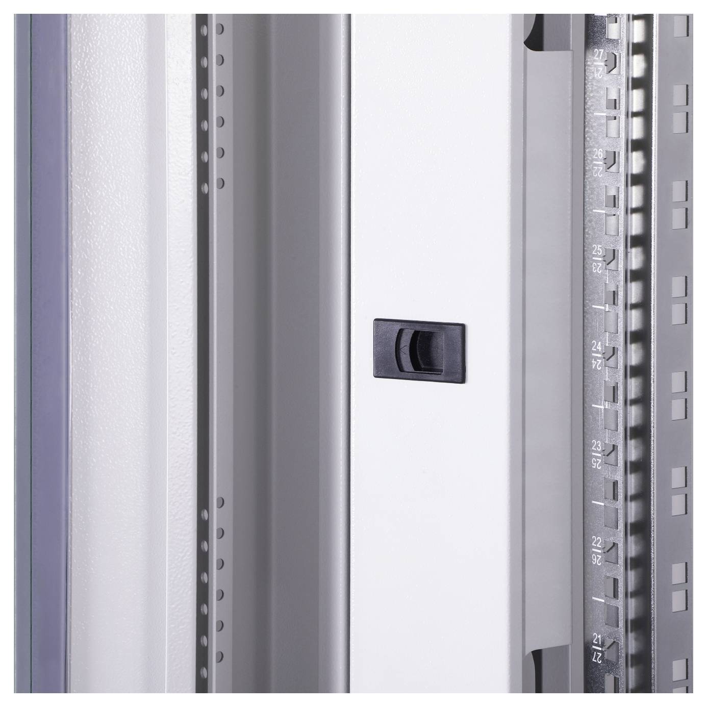 A cabinet section with a metal grid and plastic handle, potentially for organising devices or cables in a technical environment.