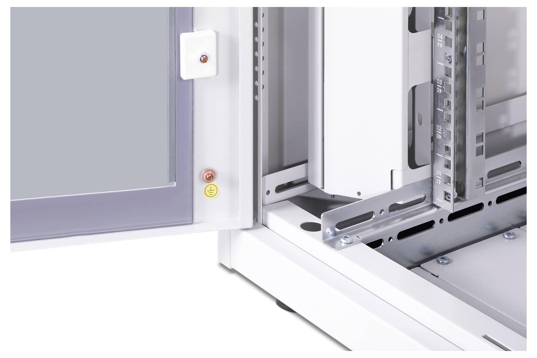 An open electrical cabinet reveals its interior with metal frames and cable supports. The door with its locking mechanism is visible.