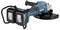 Cordless angle grinder with two batteries and protective cover.