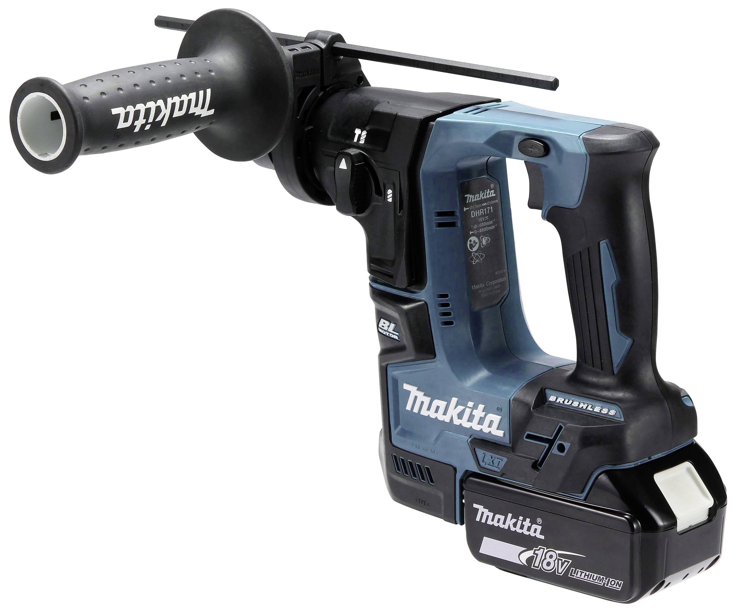 Makita cordless hammer drill in blue and black design with auxiliary handle and 18V battery, suitable for construction or renovation work.