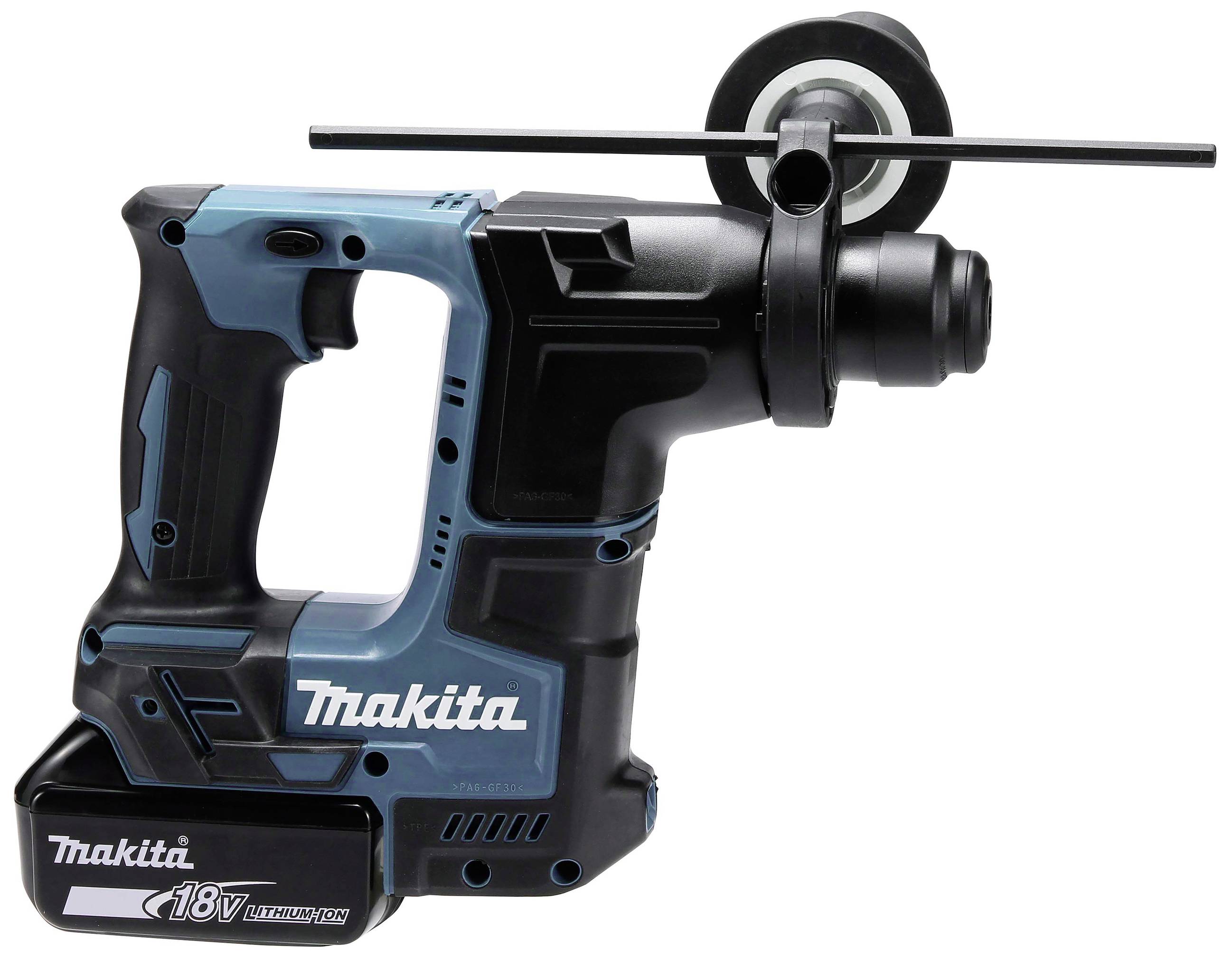 Cordless Makita hammer drill with 18V Li-Ion battery, blue-black, with side handle and depth stop fitted.