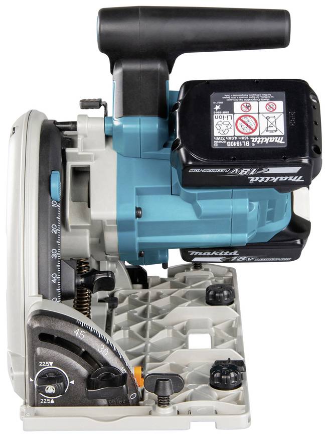 A blue circular hand saw with a dust cover and angle adjustment, positioned on a grey grid background.