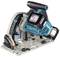 Cordless blue circular saw with angle adjustment scale, mounted on a grey base.