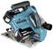 Battery-powered blue circular hand saw with two black 18V batteries by Makita, resting on a grey stand.