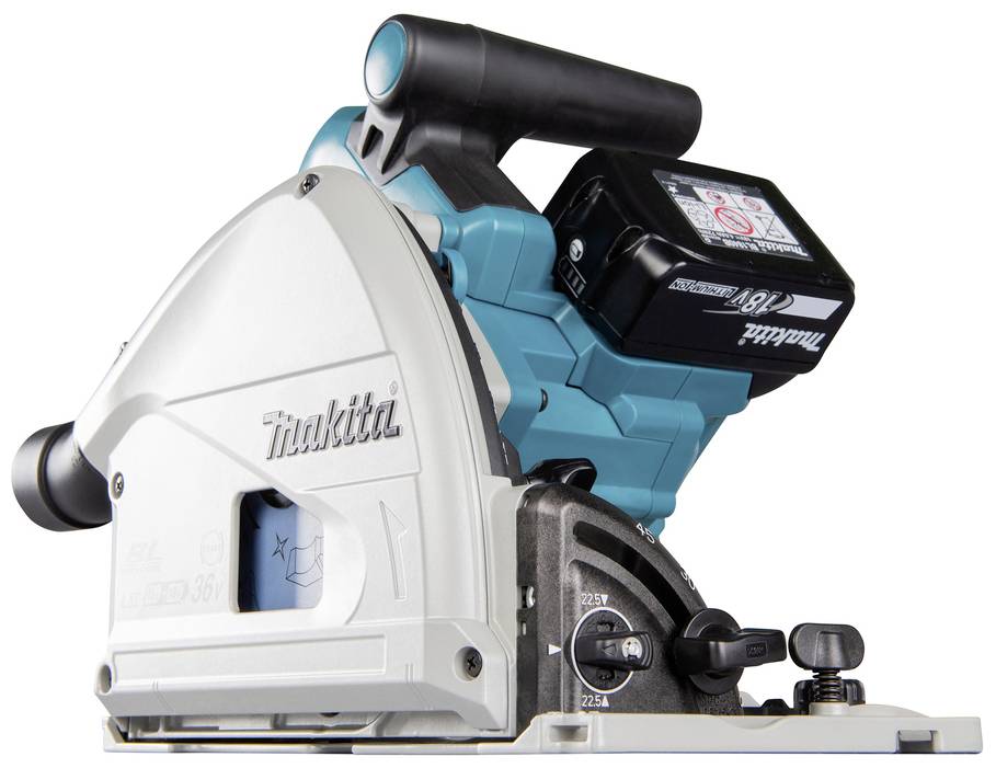 A cordless, handheld electric tool with a grey-blue casing, suitable for cutting materials such as wood or plastic.