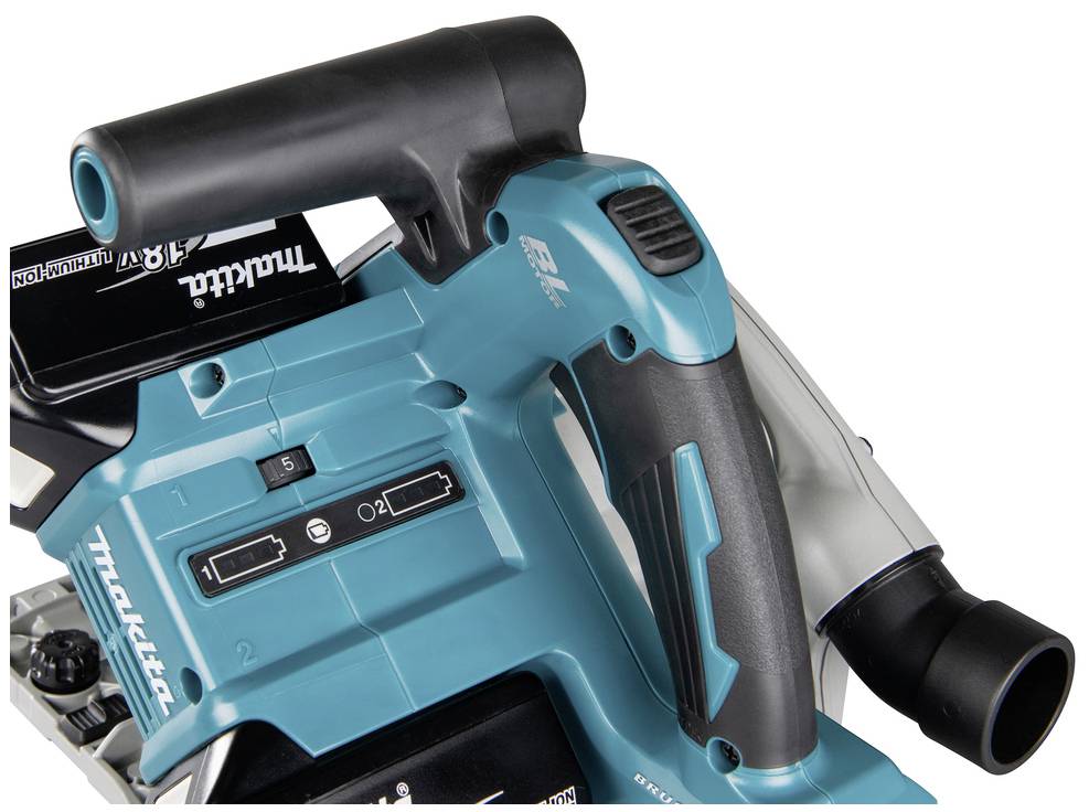 Electric power tool in turquoise and black with handle and control panel, presumably a type of saw or grinding machine, close-up view.